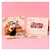 Paper Play 生日卡片-3D立體可愛小貓生日蛋糕音樂燈光紙雕卡片 祝福卡 生日卡片(3D卡片 立體卡片)