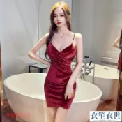 正韓夜總店連衣裙女深V領顯瘦金絲絨小個子性感吊帶皺褶包臀露背裙子洋裝禮服連身裙[衣笙衣世]