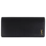 YSL 聖羅蘭 MONOGRAM 黑荔枝紋真皮刷舊LOGO長夾-10卡