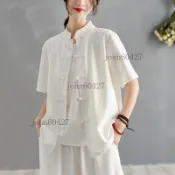  女生居士服 唐裝 素麵上衣 修道 禮佛 茶道 靈修 中國風 夏季新中國風棉麻盤扣女裝 唐裝短袖 民族風休閒中式上衣女襯衫