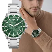 【EMPORIO ARMANI】Diver 三眼 綠面潛水錶 銀色不鏽鋼 男錶 (AR11500)43mm