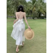 【海邊度假穿搭】仙女露背吊帶長裙 緞面蝴蝶結連衣裙 沙灘裙 度假洋裝 度假風洋裝 海邊洋裝 海邊長裙 渡假洋裝 吊帶連身