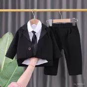 【​Playful】萌童坊 男童春裝套裝新款寶寶帥氣衣服小童春秋季洋氣兒童西裝三件套兒童西裝英倫花童禮服週嵗生日西裝
