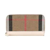 【BURBERRY 巴寶莉】BURBERRY 格紋LOGO牛皮內搭尼龍12卡ㄇ形拉鍊長夾(淺粉)