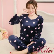 【Kilei】女生睡衣 保暖睡衣 居家服 水貂絨滿版愛心二件式長袖睡衣組XA3851(神秘深藍)全尺碼