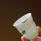 功夫茶具 品茗杯 白瓷茶杯 釉下彩 手繪雛菊 聚香杯 手工陶瓷 聞香杯 禮盒套組