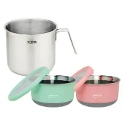 【THERMOS 膳魔師】超值3入_不鏽鋼彎柄牛奶鍋湯鍋16cm+二入隔溫碗1200ml(MLK-S16B+TC-BOWL)