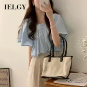 IELGY甜美修身襯衫女通勤法式泡泡袖純色上衣