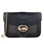 COACH 馬車防潑水PVC LOGO掀蓋式鏈帶肩/斜背包(咖黑色)