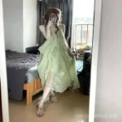 QIAOQIAO  秒殺 8 海邊度假風露背V領掛脖洋裝女夏季時尚法式性感氣質長裙子ins潮 HXI4