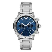 【EMPORIO ARMANI】紳士時尚三眼腕錶-銀X藍(AR11306)
