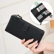 全球選品1館 生活百貨 新款女士錢包簡約純色荔枝紋雙拉鏈兩折長錢包多功能可攜式手拿包