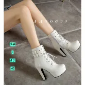 黑39白39🌸34-47 細跟繫帶超高跟鞋 細跟短靴 綁帶造型側拉鍊 細跟靴 大碼短筒靴 大碼高跟鞋 大碼細跟短靴
