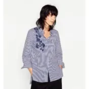 歐美品牌Zara 葡萄牙製藍色花卉刺繡藍白條紋長袖襯衫