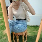  MUMU【T68748】現貨 杏色 冰絲V領針織短袖上衣 冰絲短袖 針織t恤 打底衫 純色 上衣 短袖 t恤 v領 女裝