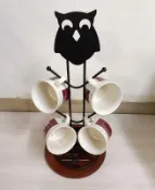 福利品 貓頭鷹五金杯架+實木桌墊 贈送二手咖啡杯x4個 咖啡杯架 下午茶對杯 可愛貓頭鷹杯架 居家小物 現場擺飾品出清