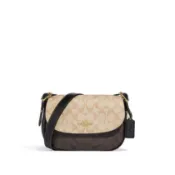 COACH Macie經典LOGO翻蓋斜跨斜背包 馬鞍包 CB898 淺卡其拼深棕 IMUOH 【 菲尼斯 國際精品 ★初秋極享】