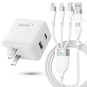 【HANG】22W PD+QC3.0雙孔快充頭白+MyStyle USB+TYPE-C TO TYPE-C/Lightning/Micro 快充線-白(1A1C)