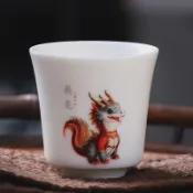 舞獅 白瓷 聞香杯 功夫 手繪 茶杯 品茗杯 手工 陶瓷 主人杯 茶盞 喝茶 單杯子 茶具 茶道 禮 禪意杯