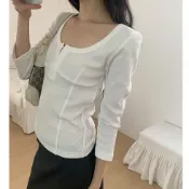 【預購】女生文藝素面U領金屬釦設計薄長袖上衣 乳白 灰【08.28】東大門-M18216