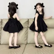 【赫本風 露背 大蝴蝶結 吊帶裙】女童夏季洋裝露背新款兒童洋氣吊帶裙中小童背心公主裙子夏天裙子KK