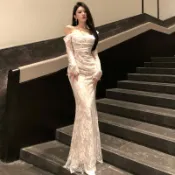 ✨輕奢高端小眾✨ 晚禮服 Ariel 蕾絲禮服 白色魚尾連衣裙  生日party洋裝  聚會禮服   尾牙禮服