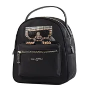 【HOTAI購】【KARL LAGERFELD】 銀字水鑽老佛爺尼龍拉鍊後背包-黑色/小