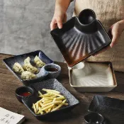 🔥蝦皮最低價🔥日式陶瓷餃子盤方形帶醋碟家用新款高顏值創意水餃專用盤早餐盤子