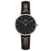 (店+)【Daniel Wellington】時尚約克深棕色壓紋皮帶石英腕錶-銀框/28mm(DW00100238)~贈清美手環+項鍊