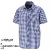  Wildland 荒野 男 小格紋短袖抗UV襯衫 吸濕排汗 防曬 戶外 休閒 日常 中藍 0A11210 綠野山房