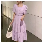 (店+)【BBHONEY】複古方領純色大擺連衣裙(夏日洋裝)