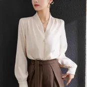(店+)【米蘭精品】現貨+預購 襯衫長袖上衣-法式柔絲緞面V領女裝74ke79