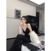 🔥台灣出貨🔥黑色亮片洋裝   時尚辣妹吊帶連身裙女   生日小禮裙   黑色露背吊帶禮裙  性感長洋裝  吊帶裙