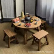 臻選時刻 【風化老榆木】圍爐煮茶桌 中式茶几 小矮桌 原木餐桌 火鍋桌 泡茶桌 實木桌 自然紋理 復古風化 圓桌設計 適合茶室庭院