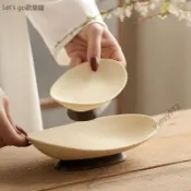 🔥夏季鉅惠🔥中古風元寶陶瓷果盤橢圓形茶點水果盤佛手柑高腳禪意糕點客廳家用W31