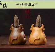 臺灣現貨綠檀木雕可愛倒流香座 沖天倒流香底座 兩個 孔 黃楊木可愛福 工藝手把文玩小擺件倒流香 傢俱生