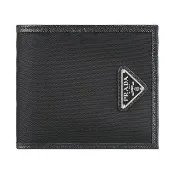 【PRADA 普拉達】PRADA Re-Nylon立體三角形LOGO再生尼龍/防刮牛皮8卡對折短夾(男款/黑)