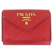 【PRADA 普拉達】品牌標誌斜紋皮革翻蓋三折短夾(紅/3卡/小)