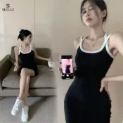 短袖女 吊帶洋裝 夏季 短裙 修身包臀裙 辣妹純欲風✨露背撞色洋裝｜Y2K修身包臀短裙｜夏季冰絲透氣收腰連身裙