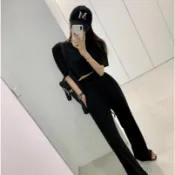 【Feodora🇰🇷】韓版 顯瘦短款T+休閒褲套裝 INS 氣質 彈力 線條 寬鬆感 兩件套