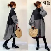 初色 日系高領長袖撞色拼接不規則中長裙連身裙-灰色-15982(M/L可選)