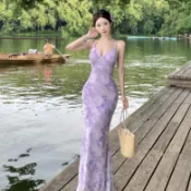 YIFENZI 洋裝✨ 性感純欲氛圍感露背紫色連衣裙修身顯瘦包臀魚尾裙度假風長裙 法式修身收腰顯瘦純欲日常海邊旅遊連衣裙