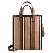 【BURBERRY 巴寶莉】英系經典條紋牛皮拼接手提紙袋造型手提袋兩用包(卡其)
