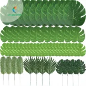 60 件裝 6 種人造棕櫚葉熱帶植物葉人造龜背竹葉莖,用於夏威夷盧奧派對裝飾,叢林海灘主題派對餐桌離開裝飾品