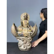 阿一藝品 早期廣東 石灣陶【蓮花觀音】荷花觀音 名師手製 有落款 值得收藏 居家裝飾 石灣陶擺件