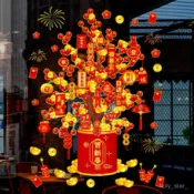 🔥臺灣出貨🔥髮財樹裝飾2025蛇年新年靜電貼過年春節窗花櫥窗玻璃門貼紙年畵hhfoof