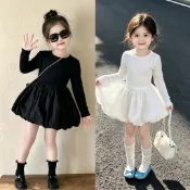 韩版童装 女童長袖洋裝 女童長袖花苞蓬蓬洋裝 女孩蓬蓬裙 白色打底衫蓬蓬短裙 小女孩洋裝 女童收腰短款花苞大擺洋裝