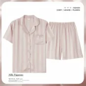 全球選品1館 生活百貨 芝桃鳥夏款2026新款冰絲短袖短褲條紋女睡衣絲綢豆沙粉家居服套裝