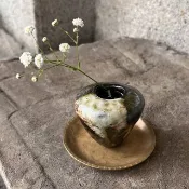 陶/柴燒/絞胎/一抹白雲氤氳的黑茶色小花器/附木盒