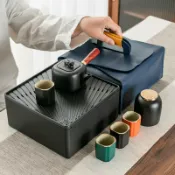 全球選品1館 生活百貨 黑陶四方壺功夫茶具套裝2024新款家用客廳陶瓷茶壺茶杯茶盤輕奢